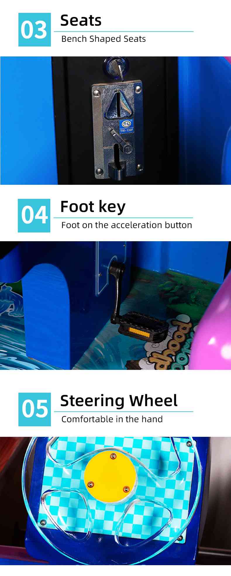 This image shows some details of the coin slot, pedals, steering wheel of the bicycle racing game machine
